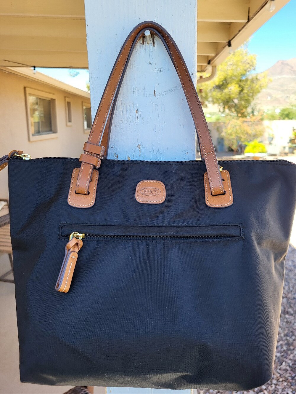 Bric's Milano Black Luxury X-collection Commuter Tote with Tan Leather Handles.